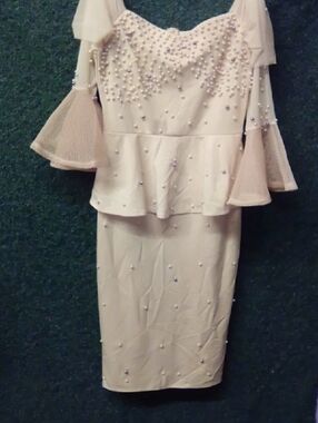 Pearl-Embellished Blush Peplum Midi Dress